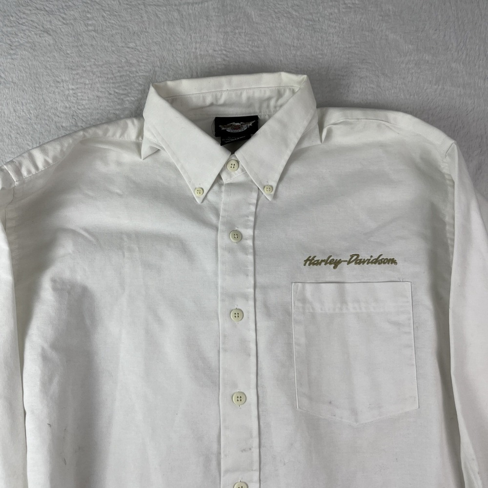 Harley Davidson Motorcycle Shirt Mens L White Cotton Collared Button Down Casual